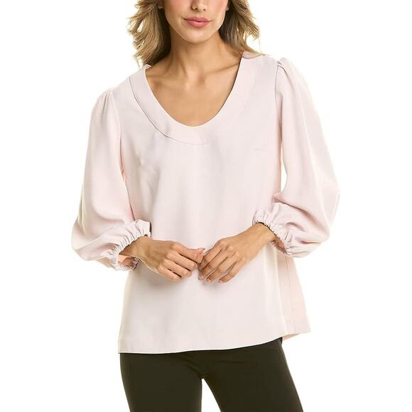 Trina Turk Cream Crepe Scoop Neck 3/4 Balloon Sleeve Business Minimalist Blouse - Picture 1 of 14